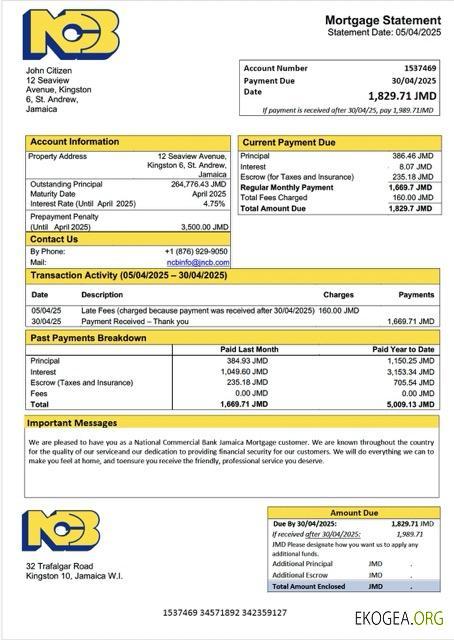 Modèle Word et PDF de relevé hypothécaire de la Jamaica National Commercial Bank Jamaica Limited (NCB)